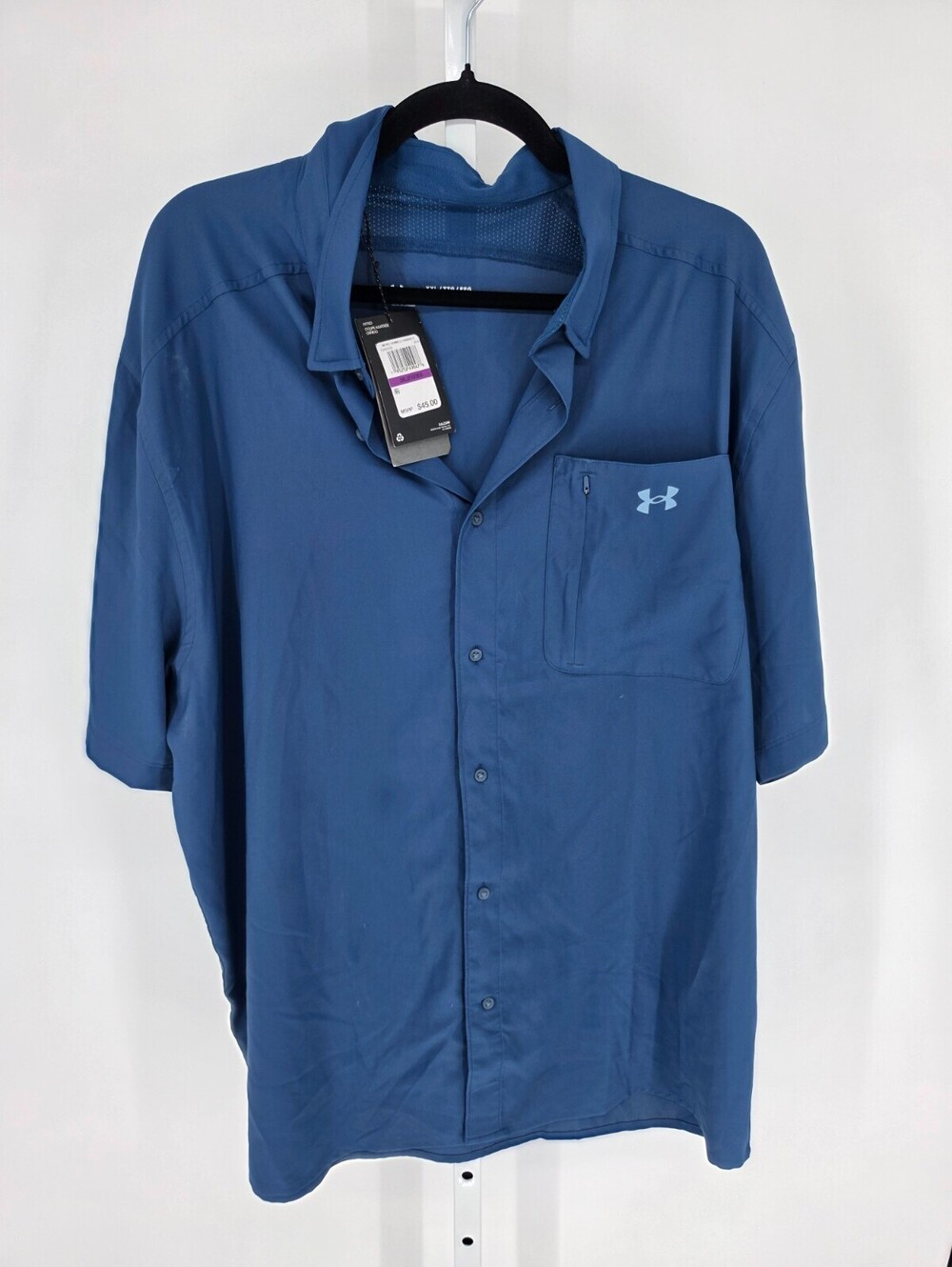 Under Armour Mens Sz XXL Short Sleeve Button Up Performance Shirt Blue NEW